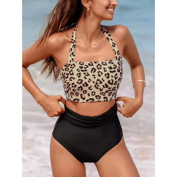 imageCUPSHE Womens Bikini Sets Two Piece Bathing Suit High Waisted Tummy Control Square Neck Halter Adjustable StrapsBlack Leopard