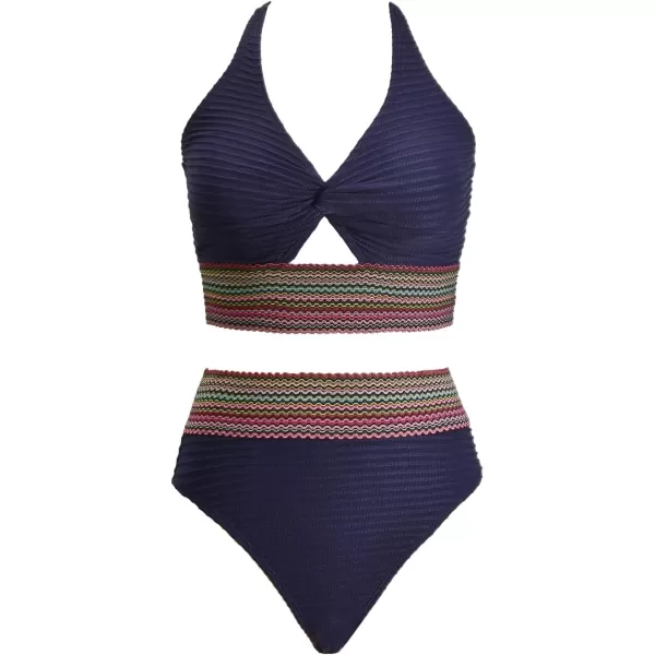 imageCUPSHE Womens Bikini Sets Two Piece Bathing Suit High Waisted Twist Cutout V Neck Swimsuit KeyholeDark Navy Blue