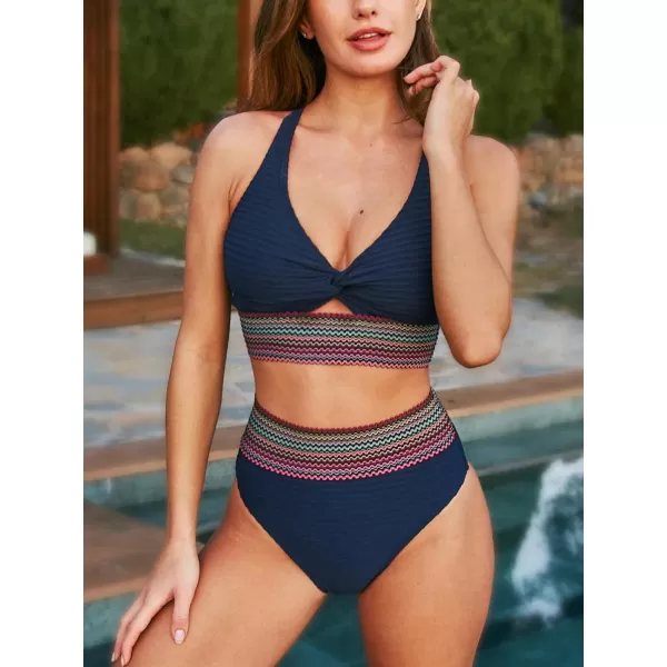 imageCUPSHE Womens Bikini Sets Two Piece Bathing Suit High Waisted Twist Cutout V Neck Swimsuit KeyholeDark Navy Blue
