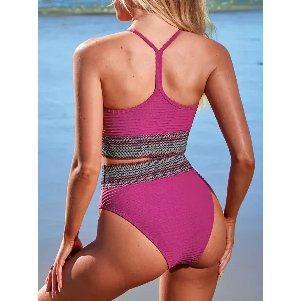 imageCUPSHE Womens Bikini Sets Two Piece Bathing Suit High Waisted Twist Cutout V Neck Swimsuit KeyholeMagenta Purple