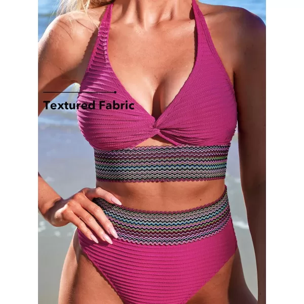 imageCUPSHE Womens Bikini Sets Two Piece Bathing Suit High Waisted Twist Cutout V Neck Swimsuit KeyholeMagenta Purple