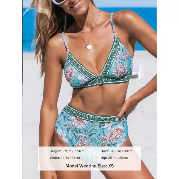 imageCUPSHE Womens Bikini Sets Two Piece Bathing Suit High Waisted V Neck Adjustable Straps Back TieBlueFloral