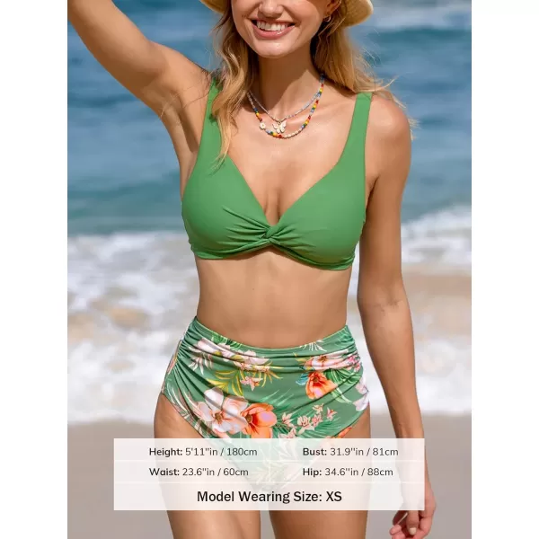 imageCUPSHE Womens Bikini Sets Two Piece Bathing Suit High Waisted V Neck Front Twist Back Hook Adjustable StrapsMossy GreenFloral