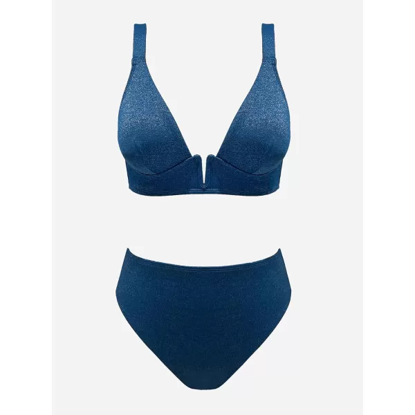 imageCUPSHE Womens Bikini Sets Two Piece Bathing Suit High Waisted V Neck Front U Wire Wide Straps Back HookNavy Blue