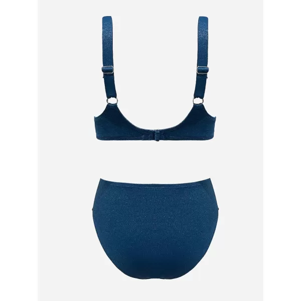 imageCUPSHE Womens Bikini Sets Two Piece Bathing Suit High Waisted V Neck Front U Wire Wide Straps Back HookNavy Blue
