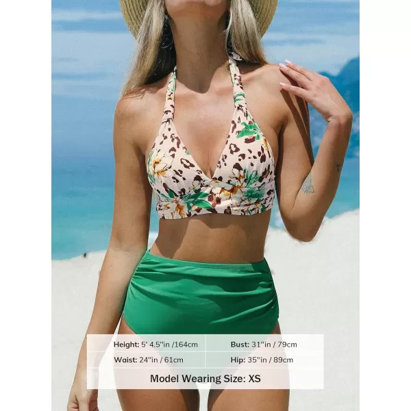 imageCUPSHE Womens Bikini Sets Two Piece Bathing Suit High Waisted V Neck Halter Back Self Tie RuchedEmerald GreenFloral