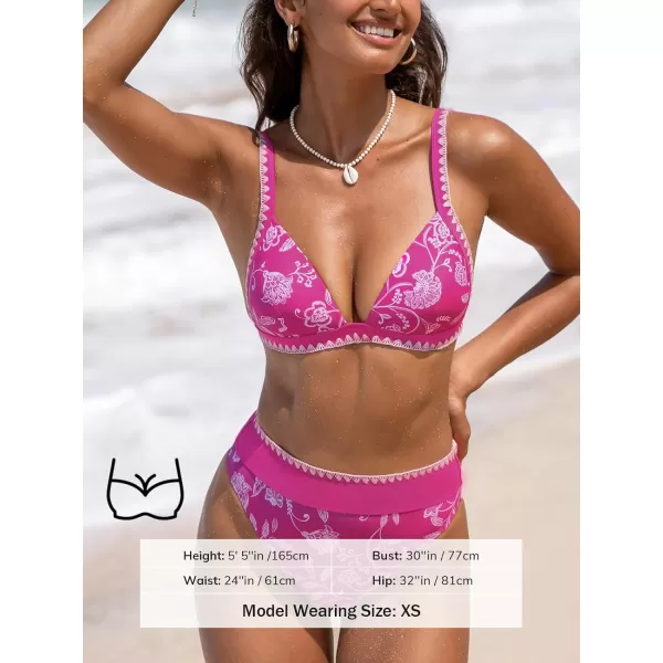 imageCUPSHE Womens Bikini Sets Two Piece Bathing Suit High Waisted V Neck Push up Wide Straps Back HookRaspberry PinkFloral