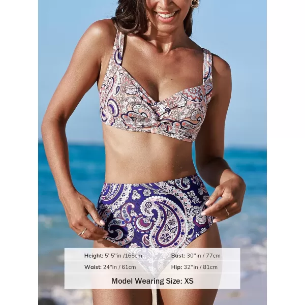 imageCUPSHE Womens Bikini Sets Two Piece Bathing Suit High Waisted V Neck Ruched Wide Straps Back HookApricot PinkPaisley
