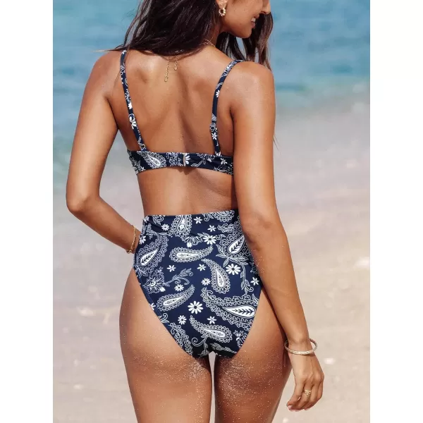 imageCUPSHE Womens Bikini Sets Two Piece Bathing Suit High Waisted V Neck Spaghetti Adjustable Straps Overlap Band BottomNavy BluePaisley