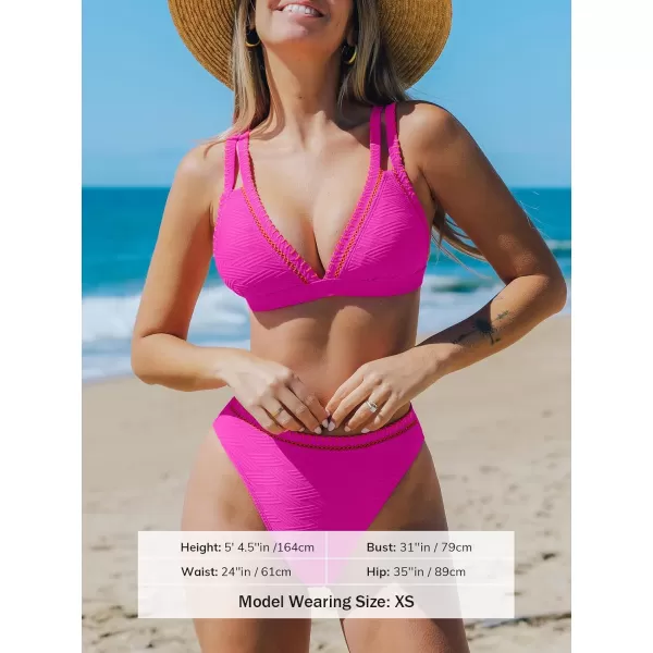 imageCUPSHE Womens Bikini Sets Two Piece Bathing Suit High Waisted V Neck Strappy Back Double Straps High CutHot Pink