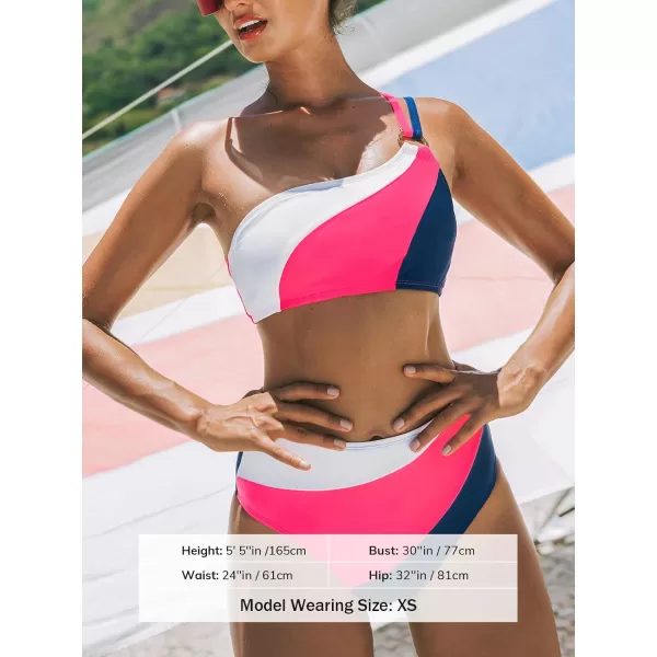 imageCUPSHE Womens Bikini Sets Two Piece Bathing Suit One Shoulder Bralette Adjustable Straps Color Block High Waisted BottomWhitePinkNavy Blue