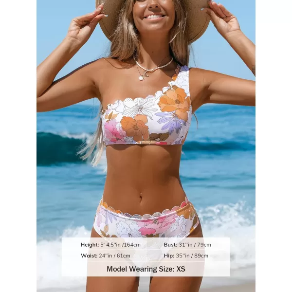 imageCUPSHE Womens Bikini Sets Two Piece Bathing Suit One Shoulder Mid Rise Scalloped Wide Strap Back HookWhitePink Floral