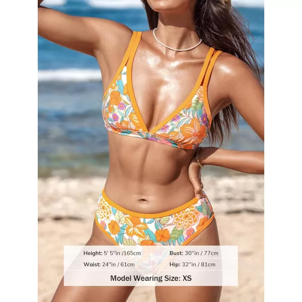 imageCUPSHE Womens Bikini Sets Two Piece Bathing Suit Plunging Neck Dual Straps Adjustable Mid Rise BottomOrangeFloral