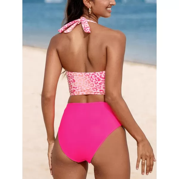 imageCUPSHE Womens Bikini Sets Two Piece Bathing Suit Square Neck Halter Adjustable Straps Reversible High Waisted LeopardPink Leopard