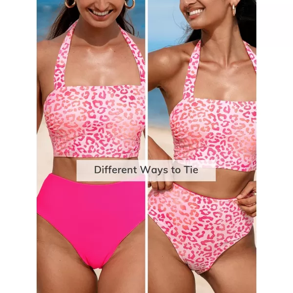 imageCUPSHE Womens Bikini Sets Two Piece Bathing Suit Square Neck Halter Adjustable Straps Reversible High Waisted LeopardPink Leopard