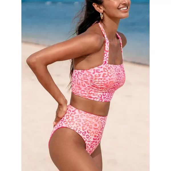imageCUPSHE Womens Bikini Sets Two Piece Bathing Suit Square Neck Halter Adjustable Straps Reversible High Waisted LeopardPink Leopard