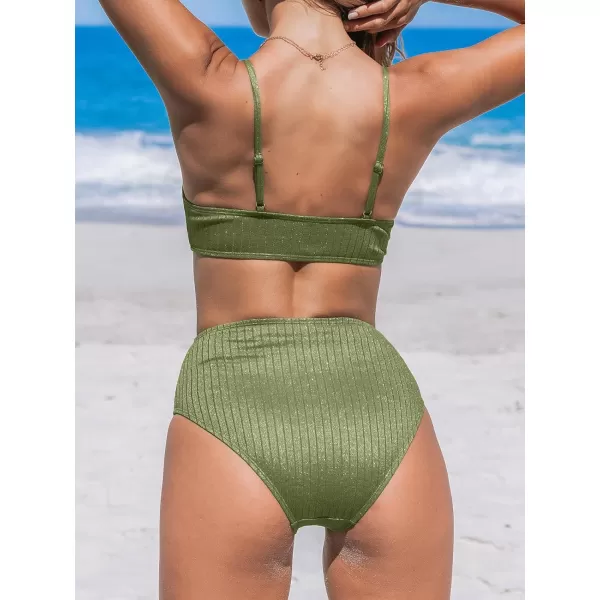 imageCUPSHE Womens Bikini Sets Two Piece Bathing Suit Square Neck Textured Cheeky Cut Bottom Adjustable StrapsOlive Green