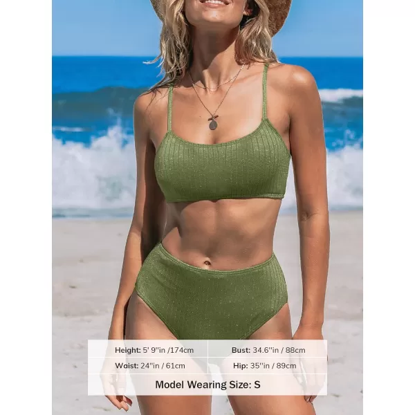 imageCUPSHE Womens Bikini Sets Two Piece Bathing Suit Square Neck Textured Cheeky Cut Bottom Adjustable StrapsOlive Green