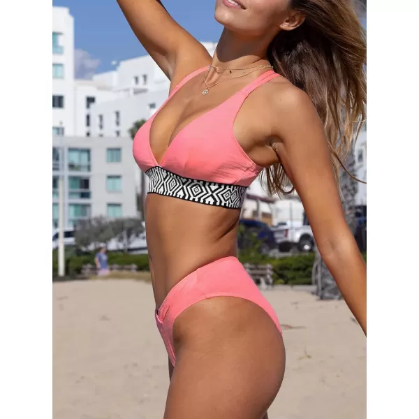 imageCUPSHE Womens Bikini Sets Two Piece Bathing Suit V Neck Adjustable Straps Cheeky V Cut Bottom Crisscross BackBlush Pink