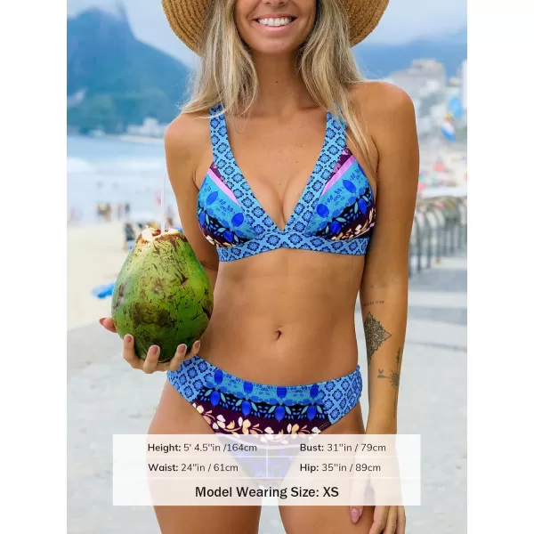 imageCUPSHE Womens Bikini Sets Two Piece Bathing Suit V Neck Adjustable Straps Crisscross Back Self TieBlueFloral