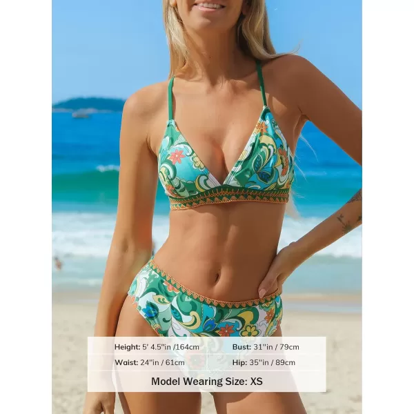 imageCUPSHE Womens Bikini Sets Two Piece Bathing Suit V Neck Cross Back Adjustable Straps Mid Rised BottomGreen Floral