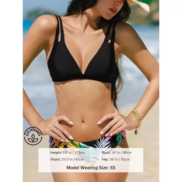 imageCUPSHE Womens Bikini Sets Two Piece Bathing Suit V Neck Double Straps Mid Rise Back Hook Reversible BottomBlackTropical