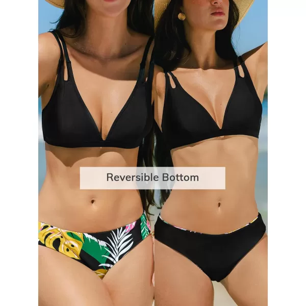 imageCUPSHE Womens Bikini Sets Two Piece Bathing Suit V Neck Double Straps Mid Rise Back Hook Reversible BottomBlackTropical