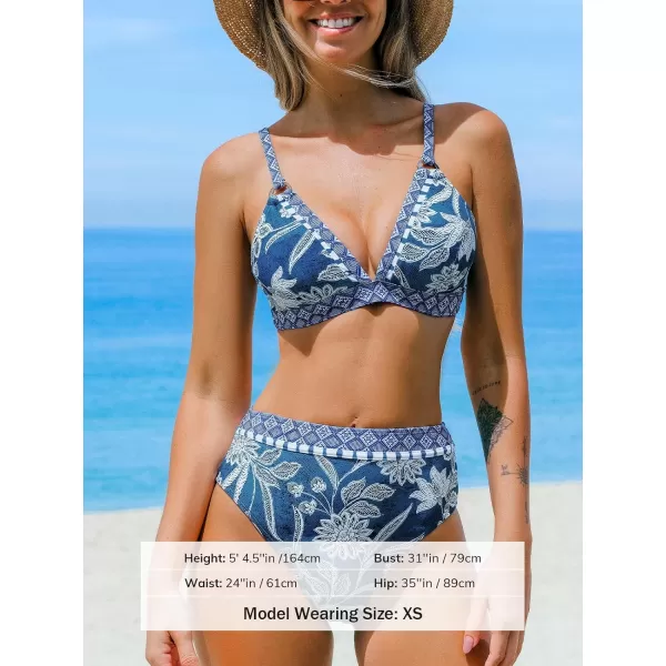 imageCUPSHE Womens Bikini Sets Two Piece Bathing Suit V Neck High Waisted Adjustable Straps Back HookDusk BluePaisley