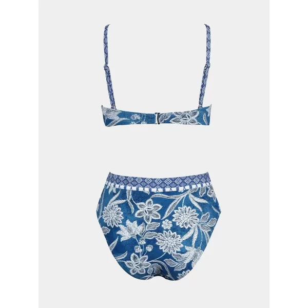 imageCUPSHE Womens Bikini Sets Two Piece Bathing Suit V Neck High Waisted Adjustable Straps Back HookDusk BluePaisley