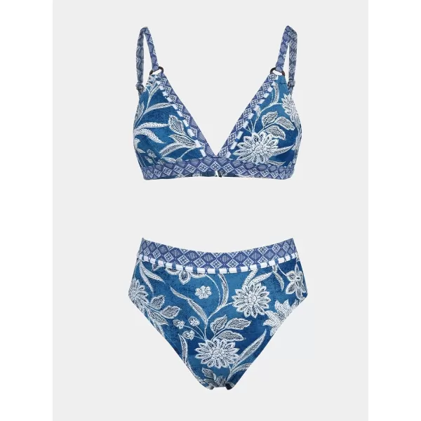 imageCUPSHE Womens Bikini Sets Two Piece Bathing Suit V Neck High Waisted Adjustable Straps Back HookDusk BluePaisley