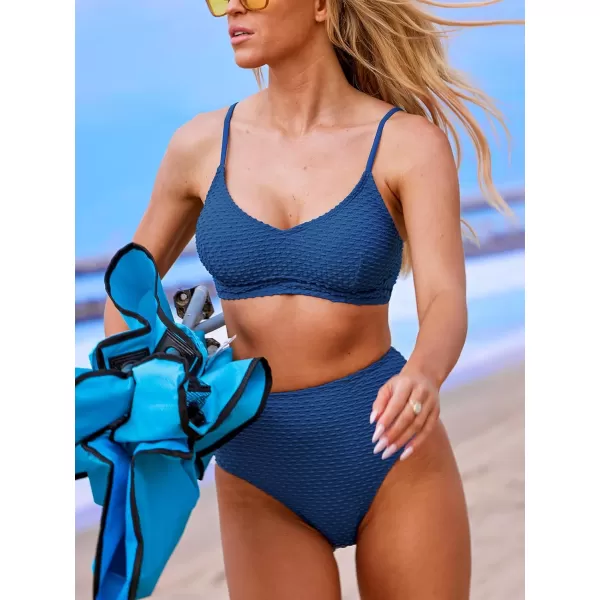 imageCUPSHE Womens Bikini Sets Two Piece Bathing Suit V Neck High Waisted Adjustable Straps Textured SwimwearDusk Blue