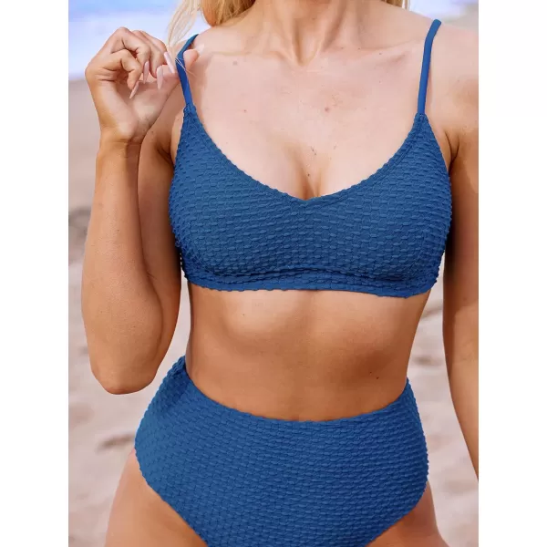 imageCUPSHE Womens Bikini Sets Two Piece Bathing Suit V Neck High Waisted Adjustable Straps Textured SwimwearDusk Blue