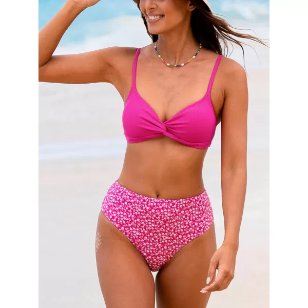imageCUPSHE Womens Bikini Sets Two Piece Bathing Suit V Neck Mid Rise Self Tie Straps Ribbed TwistPinkFloral