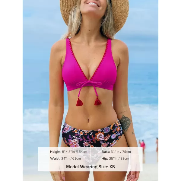 imageCUPSHE Womens Bikini Sets Two Piece Bathing Suit V Neck Spaghetti Adjustable Straps Front Tassel Tie Ruched Mid RiseRed VioletPaisley