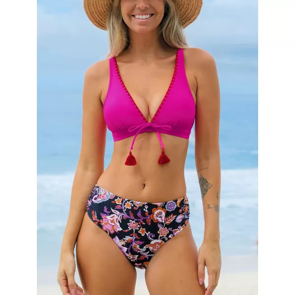 imageCUPSHE Womens Bikini Sets Two Piece Bathing Suit V Neck Spaghetti Adjustable Straps Front Tassel Tie Ruched Mid RiseRed VioletPaisley