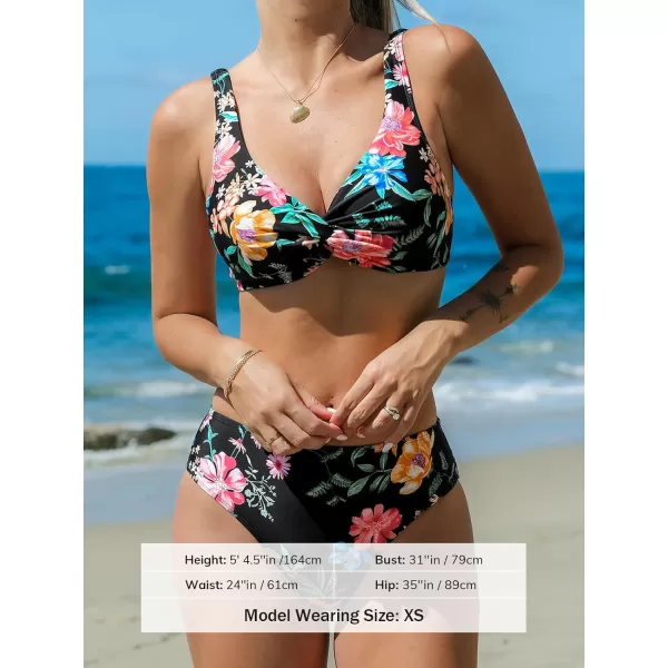 imageCUPSHE Womens Bikini Sets Two Piece Bathing Suit V Neck Twist Adjustable Straps Back Hook Cheeky BottomBlackFloral