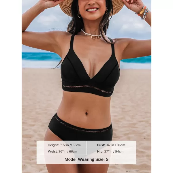 imageCUPSHE Womens Bikini Sets Two Piece Bathing Suit V Neck Wide Adjustable Straps Mid Rise CutoutBlack