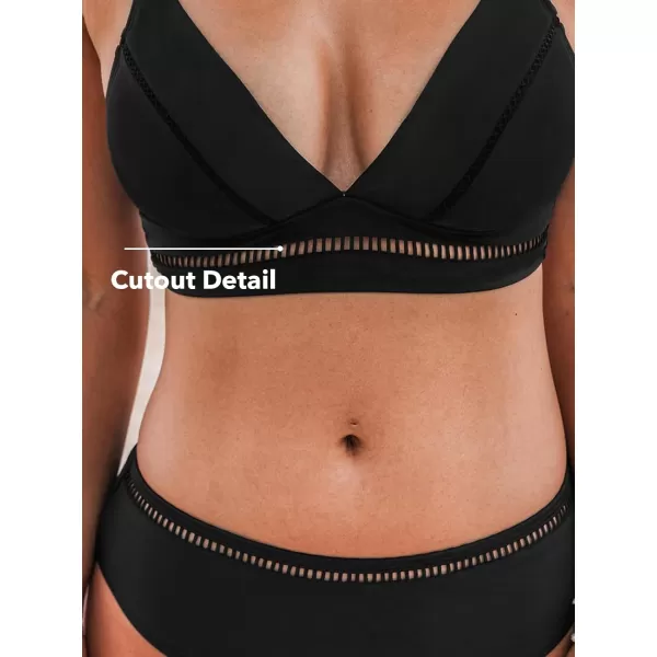 imageCUPSHE Womens Bikini Sets Two Piece Bathing Suit V Neck Wide Adjustable Straps Mid Rise CutoutBlack