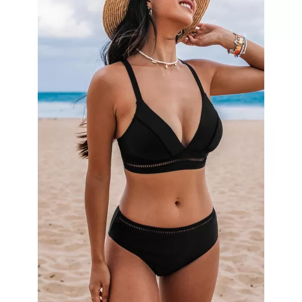 imageCUPSHE Womens Bikini Sets Two Piece Bathing Suit V Neck Wide Adjustable Straps Mid Rise CutoutBlack