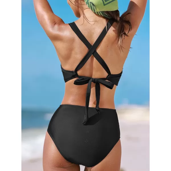 imageCUPSHE Womens Bikini Sets Two Piece Bathing Suits V Neck Hollow Out Ruched Mid Rise SwimwearBlack