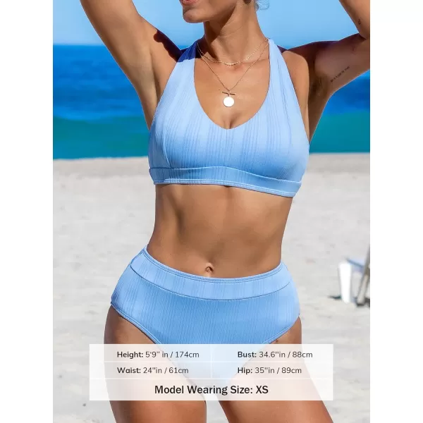 imageCUPSHE Womens Bikini Sets Two Piece High Waisted Bathing Suit V Neck Wide Straps Textured O Ring Crisscross BackSky Blue