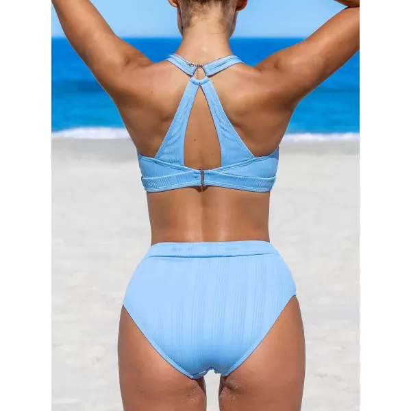 imageCUPSHE Womens Bikini Sets Two Piece High Waisted Bathing Suit V Neck Wide Straps Textured O Ring Crisscross BackSky Blue