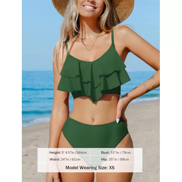 imageCUPSHE Womens Bikini Sets Two Piece High Waisted Swimsuit Tiered Ruffled SwimwearArmy Green