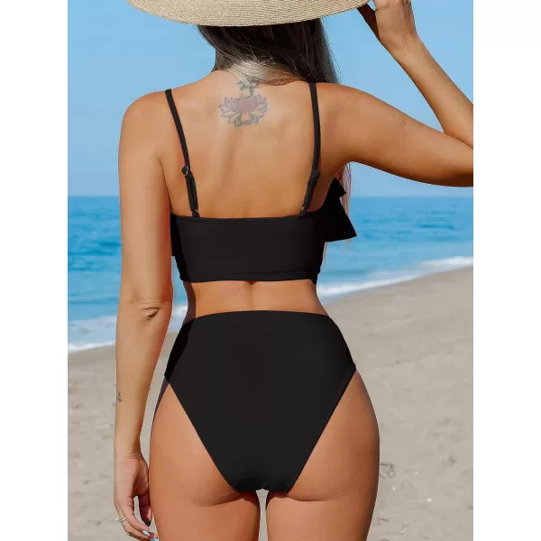 imageCUPSHE Womens Bikini Sets Two Piece High Waisted Swimsuit Tiered Ruffled SwimwearBlack