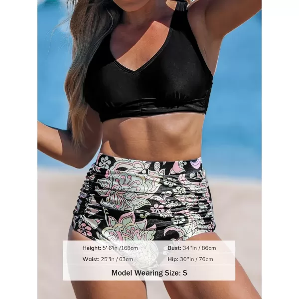 imageCUPSHE Womens Bikini Sets Two Piece High Waisted V Neck Crisscross Back Adjustable Straps Ruched Bathing SuitBlack