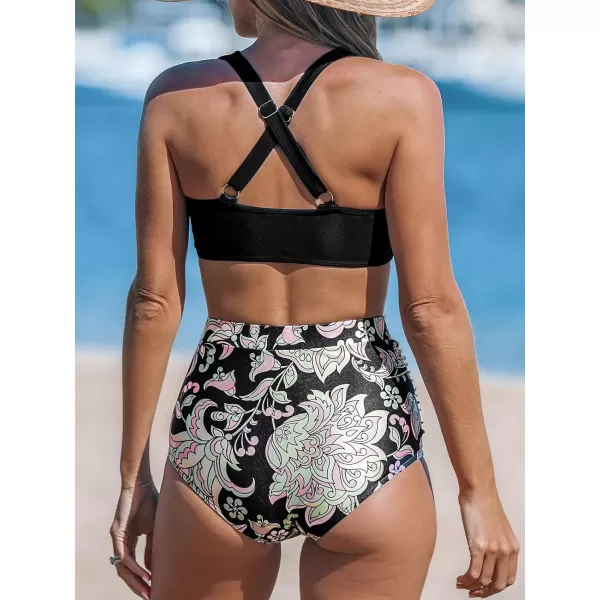 imageCUPSHE Womens Bikini Sets Two Piece High Waisted V Neck Crisscross Back Adjustable Straps Ruched Bathing SuitBlack