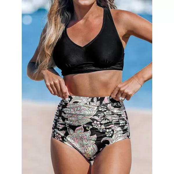 imageCUPSHE Womens Bikini Sets Two Piece High Waisted V Neck Crisscross Back Adjustable Straps Ruched Bathing SuitBlack
