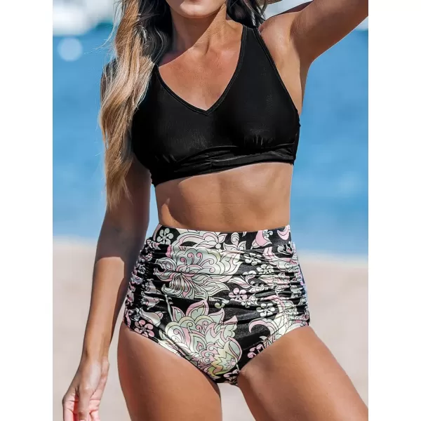 imageCUPSHE Womens Bikini Sets Two Piece High Waisted V Neck Crisscross Back Adjustable Straps Ruched Bathing SuitBlack