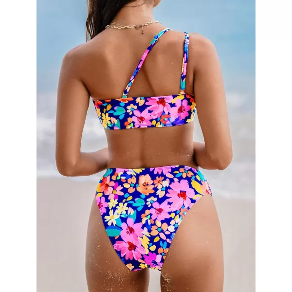 imageCUPSHE Womens Bikini Sets Two Piece One Shoulder Swimsuit High Waisted Cutout Adjustable Strap Ruched Cheeky BottomPinkBlue Floral