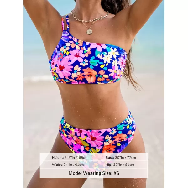 imageCUPSHE Womens Bikini Sets Two Piece One Shoulder Swimsuit High Waisted Cutout Adjustable Strap Ruched Cheeky BottomPinkBlue Floral